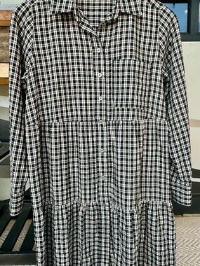 LOFT Small Petite Black Plaid Shirt Dress